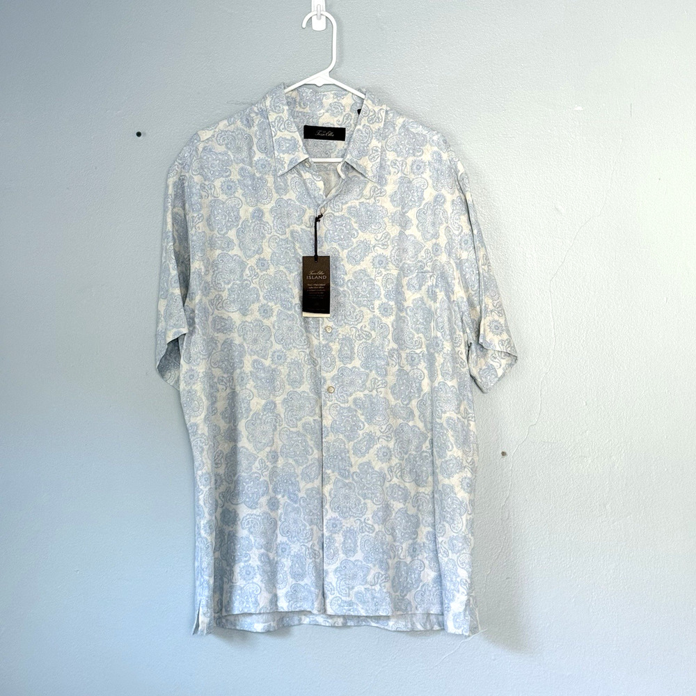 Tasso Elba Shirt Mens 2XL Blue Floral Hawaiian Short Sleeve Silk Linen NEW